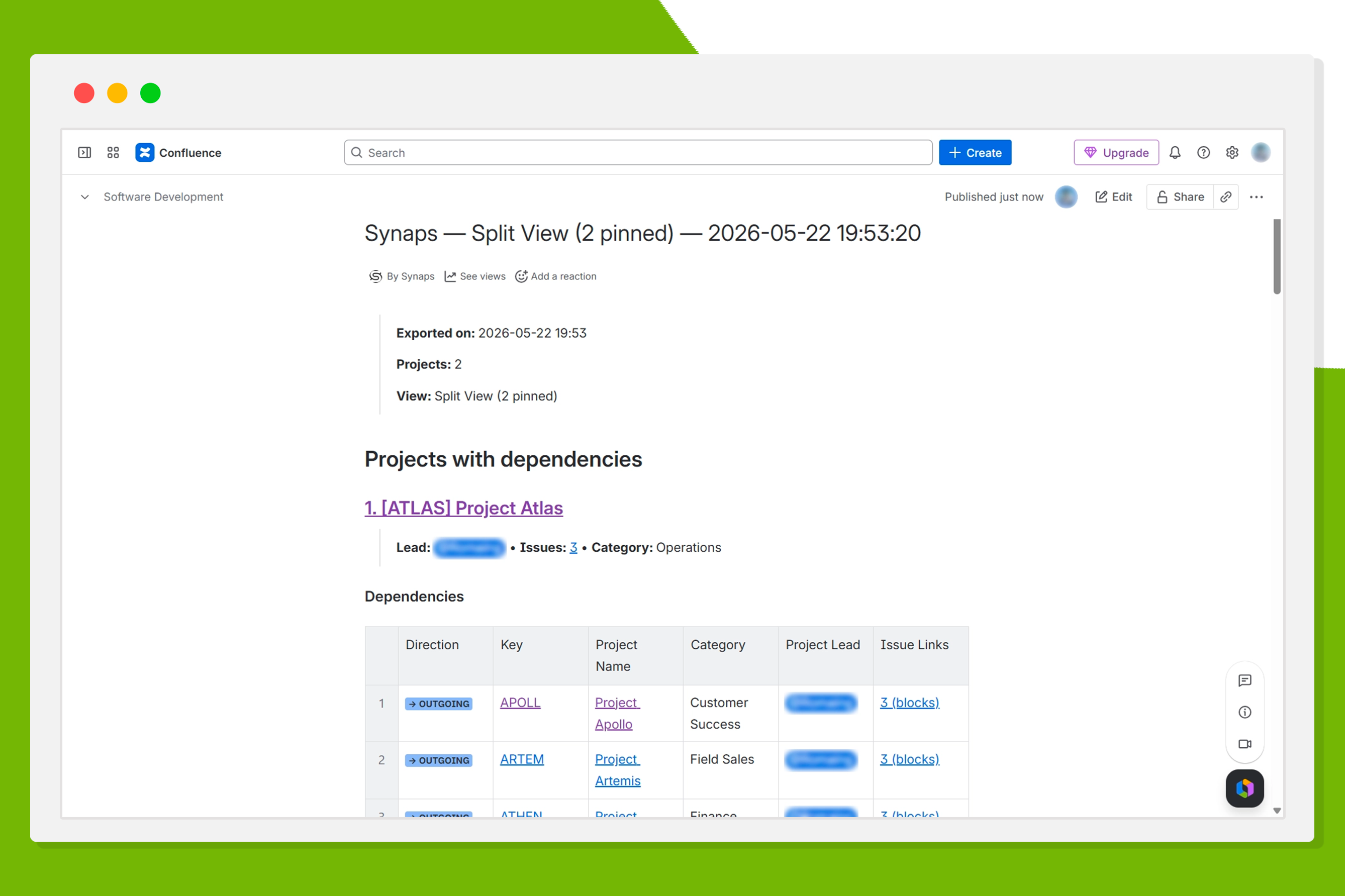 Synaps connected to Confluence in Atlassian Cloud