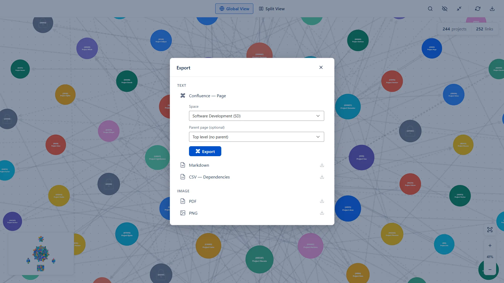 Export modal with Confluence, Markdown, CSV, PDF, and PNG options