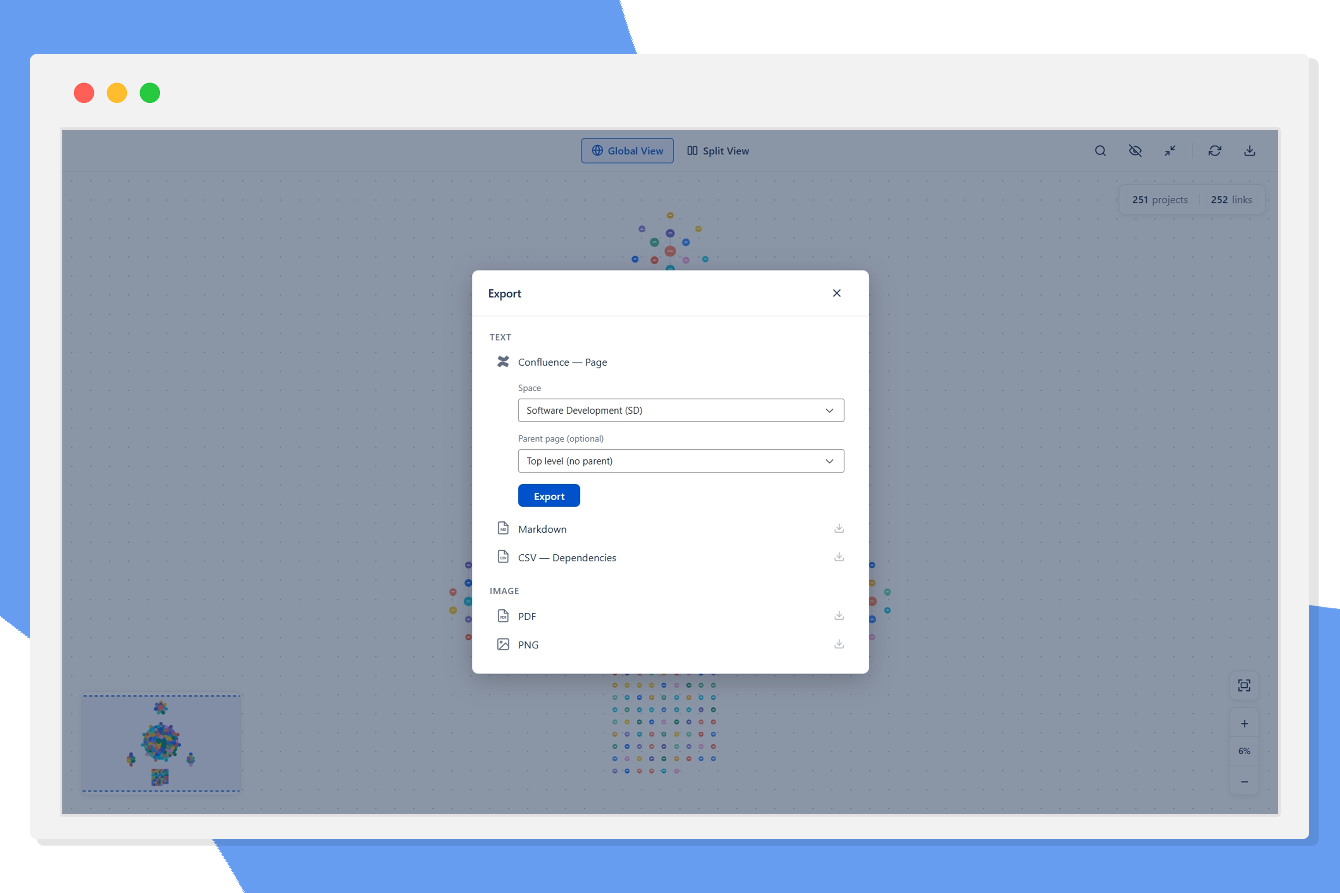 Export modal showing Confluence, Markdown, PDF, PNG, and CSV options