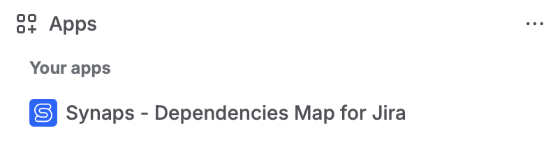 The Apps section of Jira's navigation, with Synaps - Dependencies Map for Jira listed under Your apps