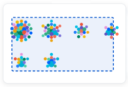 Bottom-left minimap panel - small coloured dots of varying sizes mirroring the main canvas, a dashed rectangle marking the visible area, and a few faded dots showing the same hover/selection state as the canvas behind it