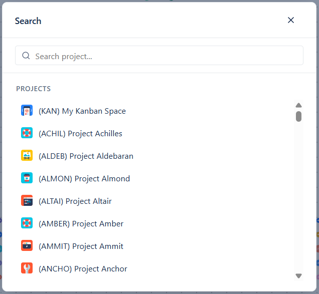 Search palette open on the canvas - a text input with a partial query typed and a list of matching projects shown below