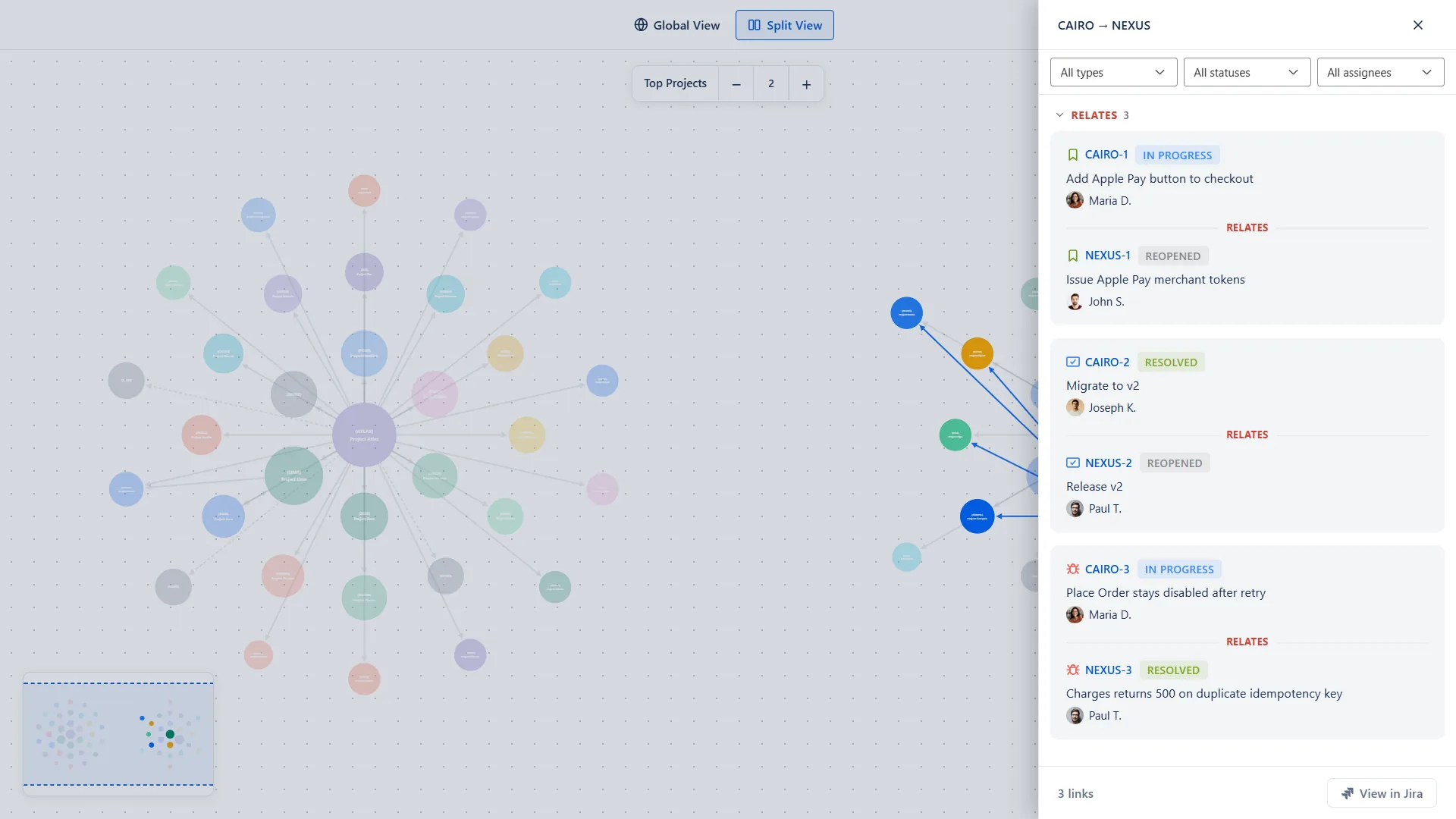 Search palette zeroing in on a project and its linked issues