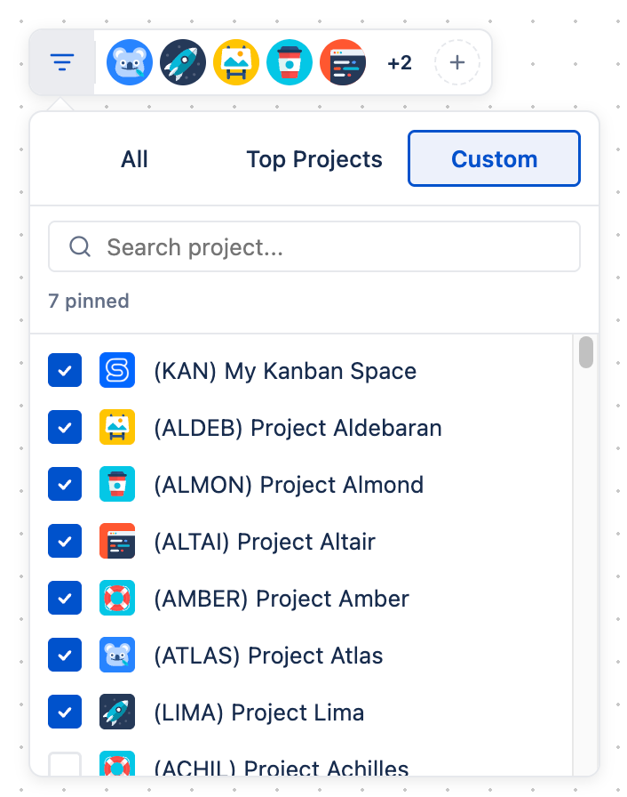 Filters panel in the top-left corner with Custom mode active, a search bar at the top, five avatar chips of pinned projects in a row, and a `+3` overflow pill at the end